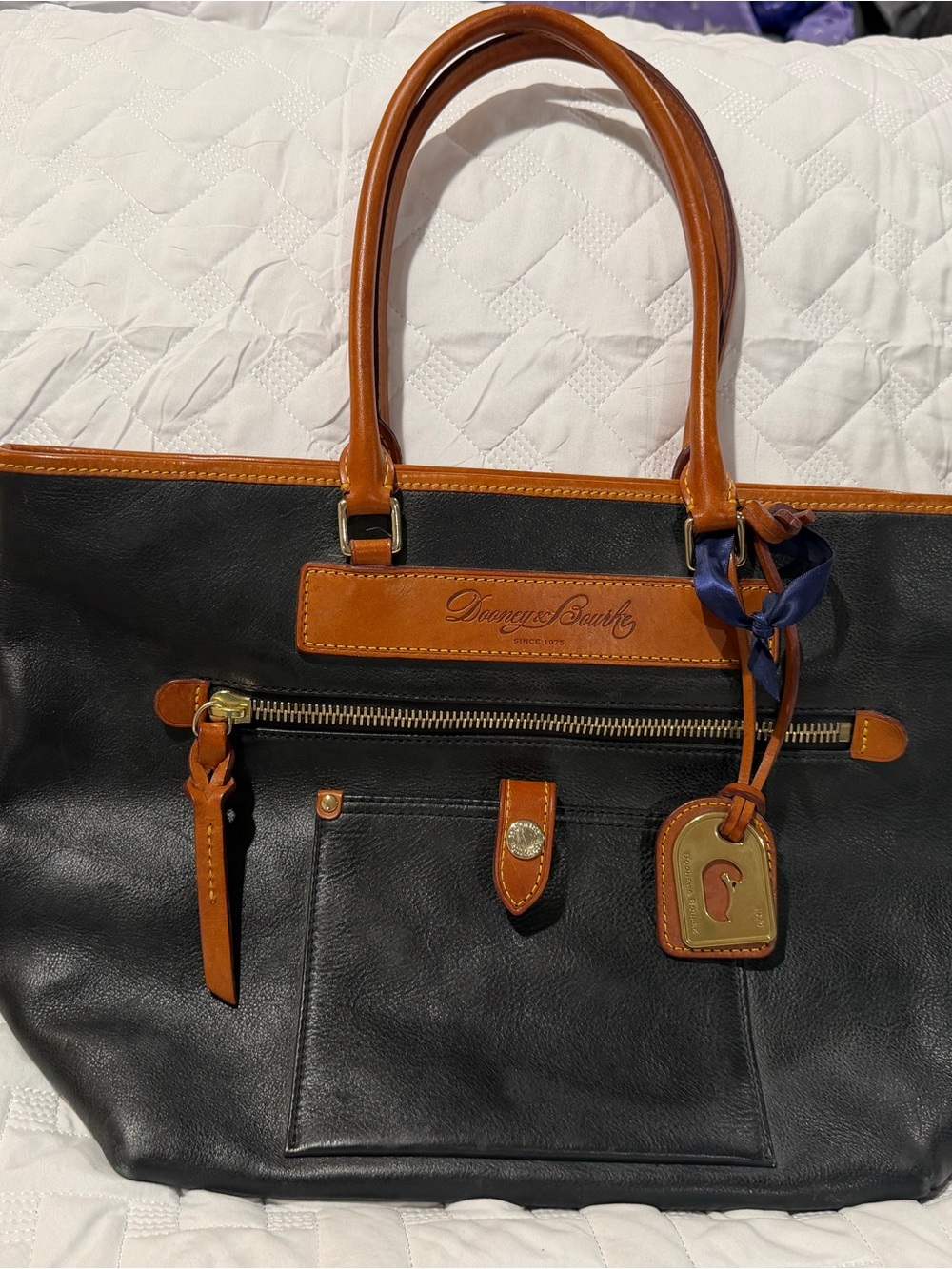 Dooney & Bourke Black Tote with Brown Leather Trim and Handles